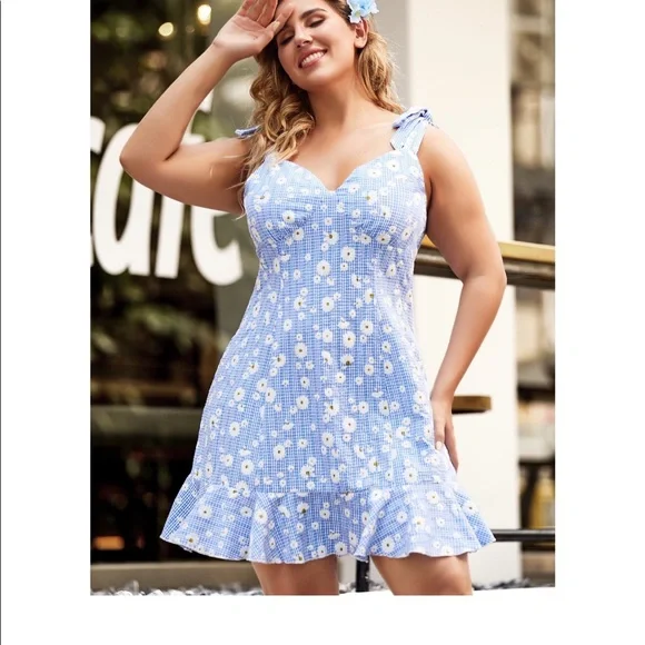 Dresses | Sbetro Plus Knot Straps Ruffle Hem Floral Gingham Cami Dress |  Poshmark
